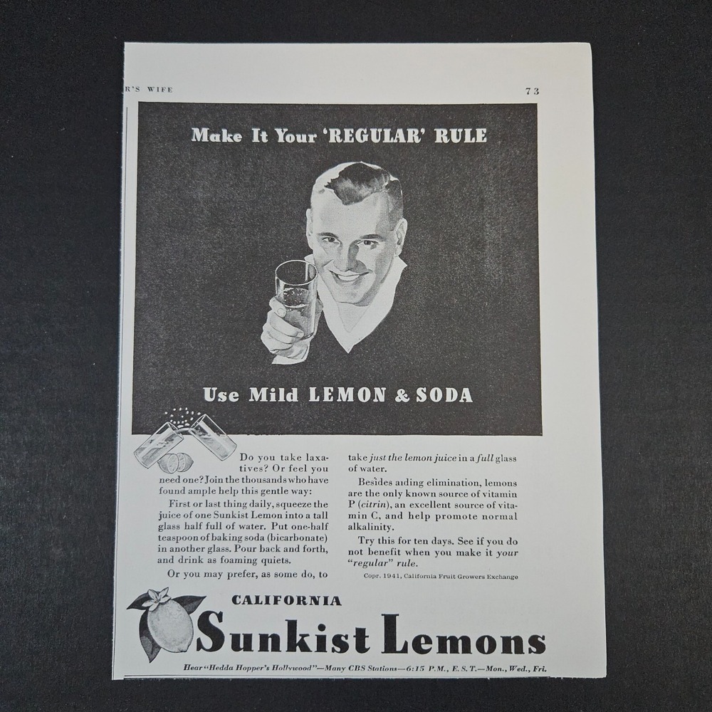 1941 California Sunkist Lemons Vintage Print Ad Laxative Recipe Hedda Hopper CBS